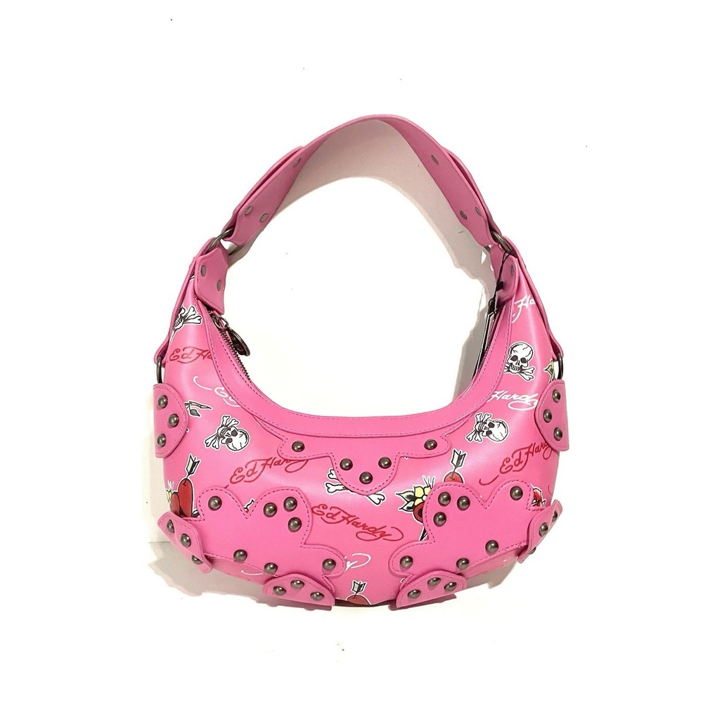 Ed Hardy Pink Hobo Shoulder Bag Studded Heart Rose Skull Cross Charms NEW - Picture 8 of 8